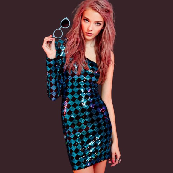Nasty Gal Dresses & Skirts - Nasty Gal Ottmill Jabez Disco Moves One Shoulder Bodycon Sequin Party Dress